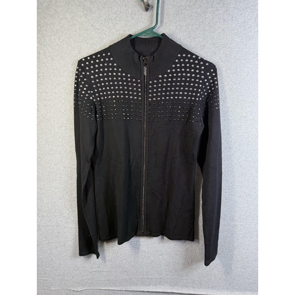 Belldini Cardigan Sweater Womens Small Black Rhinestone Full Zip Mock Neck